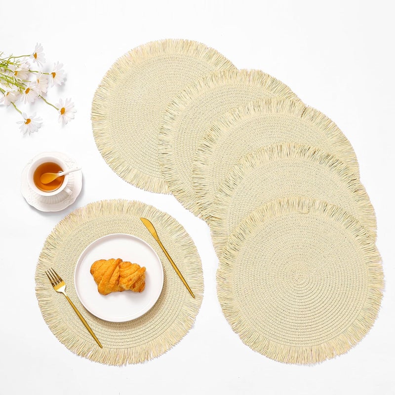 IcosaMro Beige Round Woven Placemats Set of 6 for Dining Table 15 Inch Braided Paper Boho Decorative Circle Jute Straw Place Mat for Wedding Christmas Thanksgiving Day Holiday Dinner Beige - Image 1