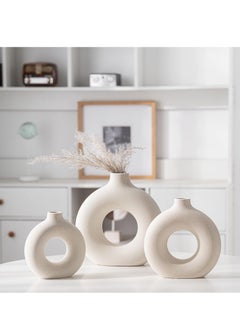 Generic Kimisty Ceramic Donut Vase Set 3, Off White Pampas Vases For Decor, Hollow Vase, Nordic Minimalist Decor For Weddings, Dinner Table, Party, Living Room, Bedroom  - Image 1