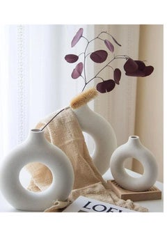 Generic Kimisty Ceramic Donut Vase Set 3, Off White Pampas Vases For Decor, Hollow Vase, Nordic Minimalist Decor For Weddings, Dinner Table, Party, Living Room, Bedroom  - Image 2