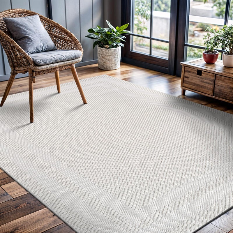 CAMILSON Micro Loop Rug 5x7 Modern Luxury Bordered Area Rugs Soft High and Low Pile Stain Resistant Easy-Cleaning Non-Shedding for Living Room Office Indoor Carpet (5 x 7 / White) - Image 5