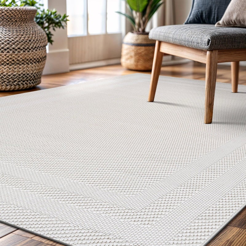 CAMILSON Micro Loop Rug 5x7 Modern Luxury Bordered Area Rugs Soft High and Low Pile Stain Resistant Easy-Cleaning Non-Shedding for Living Room Office Indoor Carpet (5 x 7 / White) - Image 4