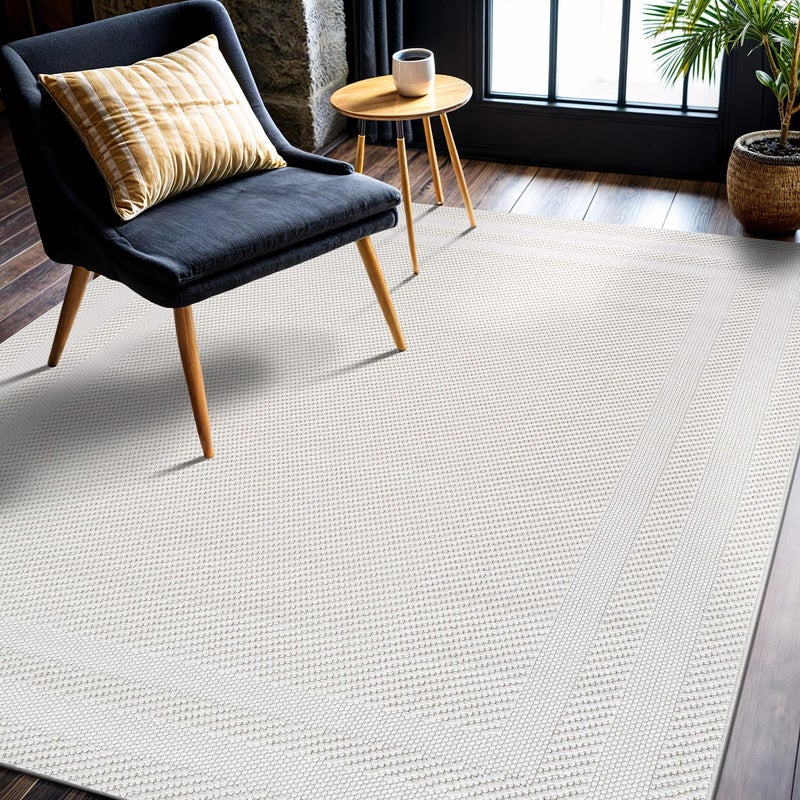 CAMILSON Micro Loop Rug 5x7 Modern Luxury Bordered Area Rugs Soft High and Low Pile Stain Resistant Easy-Cleaning Non-Shedding for Living Room Office Indoor Carpet (5 x 7 / White) - Image 1