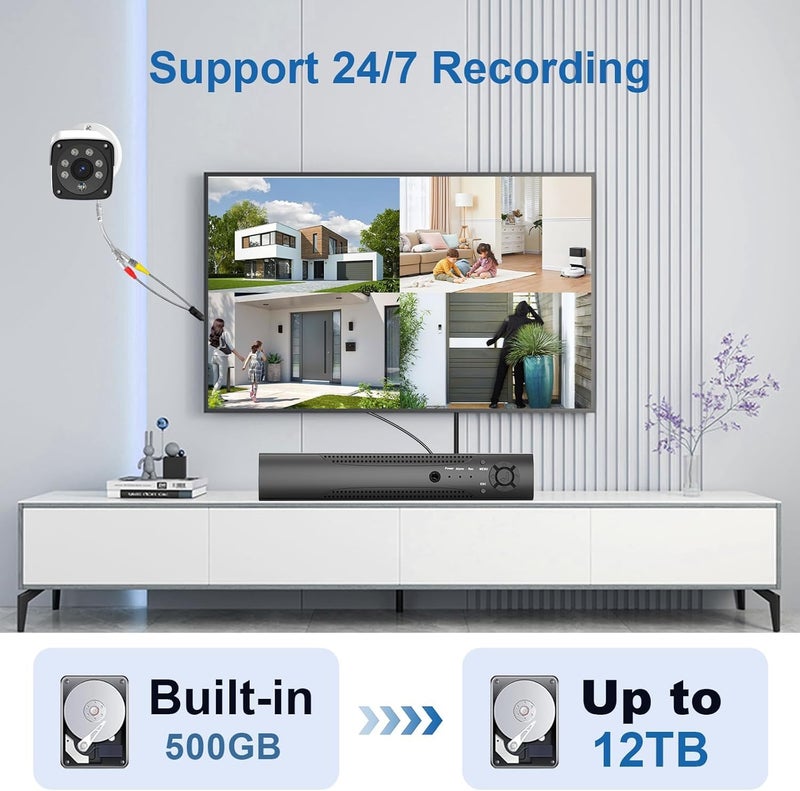 KTKTVE H.265+ Wired Security Camera DVR Kit System with AI Human Vehicle Detection, 4X 1920P 5MP IP67 Metallic Indoor/Outdoor Cameras IR Night Vision, 4K NVR 500GB HDD Included for 24/7 Recording - Image 3