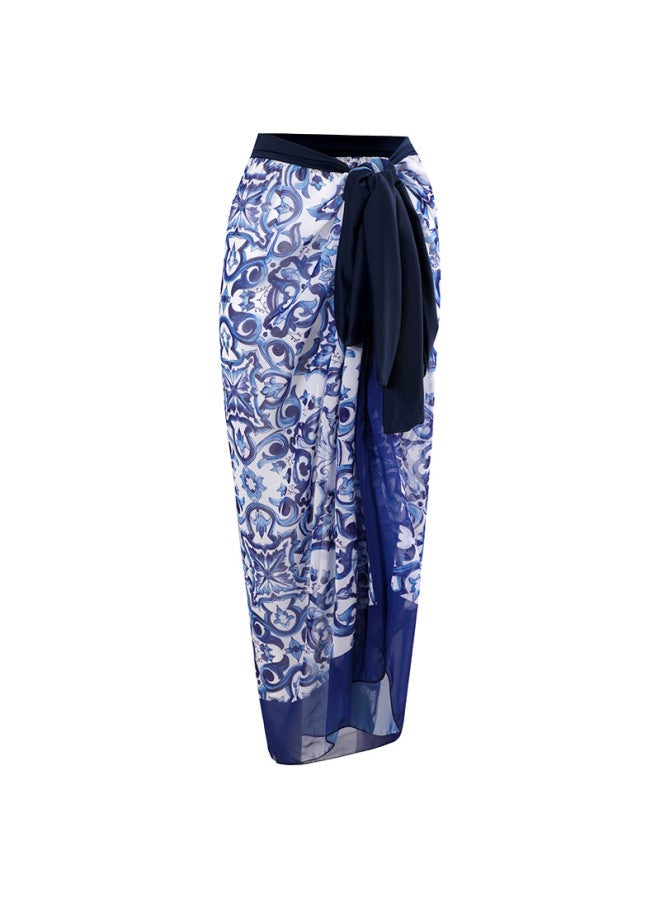 إسكدنيا Longqi 2023 European And American Two-piece Swimsuit Blue And White Porcelain Printed Red Petal Hip Skirt One-piece Swimsuit For Women-Color:Hip Dress- - Image 3