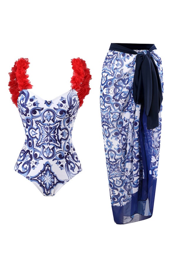 إسكدنيا Longqi 2023 European And American Two-piece Swimsuit Blue And White Porcelain Printed Red Petal Hip Skirt One-piece Swimsuit For Women-Color:Hip Dress- - Image 2