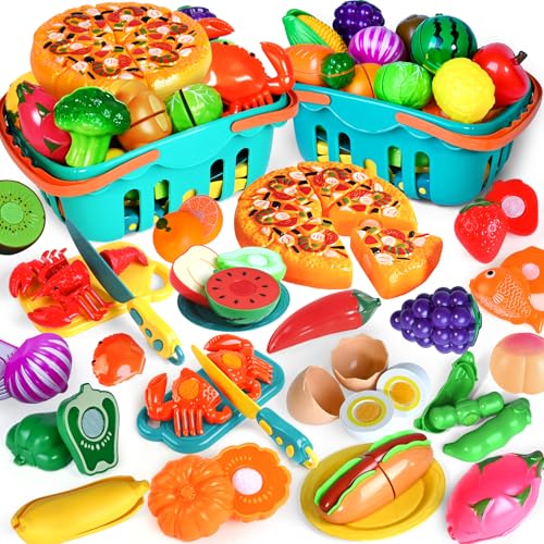 Shemira 100 PCS Cutting Play Food Toy for Kids Kitchen, Pretend Food Toys for Toddlers, Play Kitchen Toys Accessories with 2 Baskets, Fake Food/Fruit/Vegetable, Birthday Gifts for 3 4 5 Years Old Boys Girls - Image 1