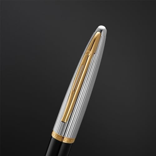 Waterman Carène Deluxe Fountain Pen, Gloss Black & Silver Plated with 23k Gold Clip, Fine Nib with Blue Ink Cartridge, Gift Box - Image 4