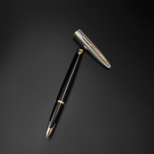 Waterman Carène Deluxe Fountain Pen, Gloss Black & Silver Plated with 23k Gold Clip, Fine Nib with Blue Ink Cartridge, Gift Box - Image 3