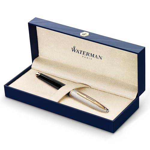 Waterman Carène Deluxe Fountain Pen, Gloss Black & Silver Plated with 23k Gold Clip, Fine Nib with Blue Ink Cartridge, Gift Box - Image 1