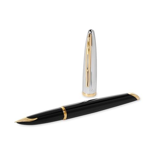 Waterman Carène Deluxe Fountain Pen, Gloss Black & Silver Plated with 23k Gold Clip, Fine Nib with Blue Ink Cartridge, Gift Box - Image 2