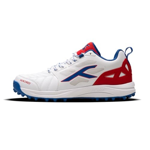 Hundred Mens Terrafield Cricket Shoes | Terraspike Rubber Studs | Embedded Support Plate for Stability | Lightweight & Durable | Ideal for Turf, Ground & Hard Surfaces (White/Blue/Red ; UK 8) - Image 1