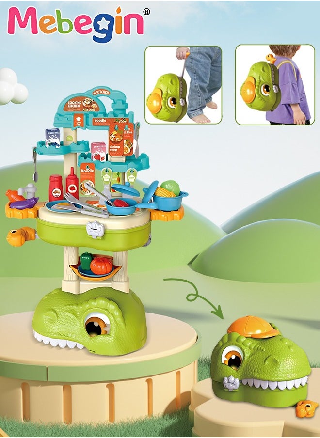 MEBEGIN 49 Pcs Dinosaur-shaped Kitchen Playset with Trolley Case, 3 in 1 Kitchen Pretend Toy, Simulation Kitchen Toys Set with Various Vivid Foods, Creative Safety Play House Toys, Ideal Gift for Kids Aged 3+  - Image 3