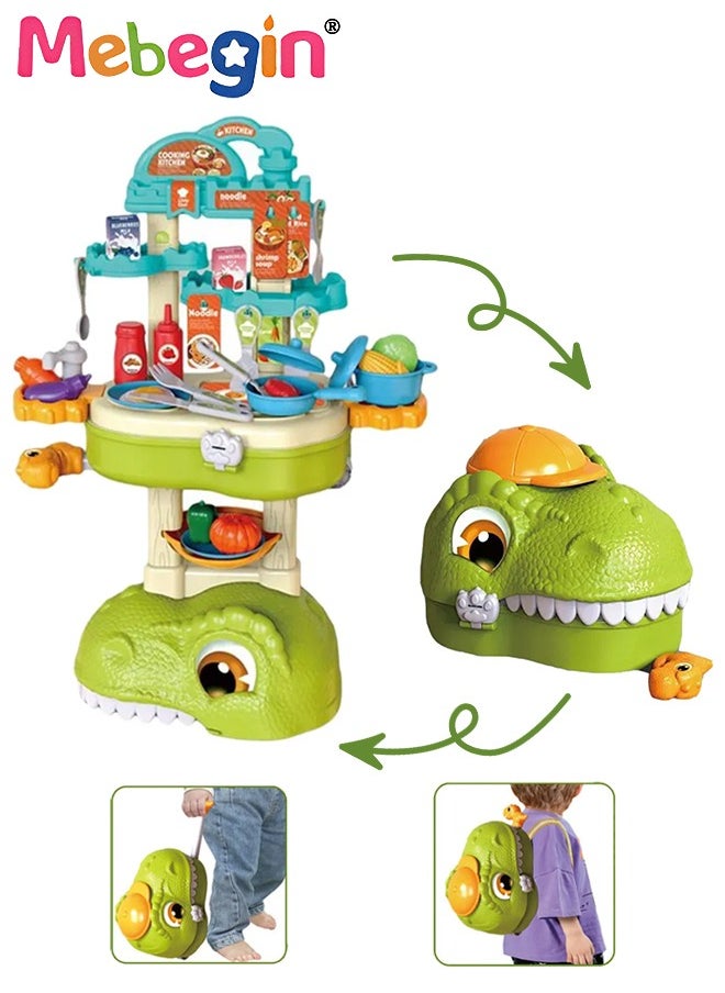 MEBEGIN 49 Pcs Dinosaur-shaped Kitchen Playset with Trolley Case, 3 in 1 Kitchen Pretend Toy, Simulation Kitchen Toys Set with Various Vivid Foods, Creative Safety Play House Toys, Ideal Gift for Kids Aged 3+  - Image 2