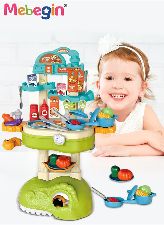MEBEGIN 49 Pcs Dinosaur-shaped Kitchen Playset with Trolley Case, 3 in 1 Kitchen Pretend Toy, Simulation Kitchen Toys Set with Various Vivid Foods, Creative Safety Play House Toys, Ideal Gift for Kids Aged 3+  - Image 1