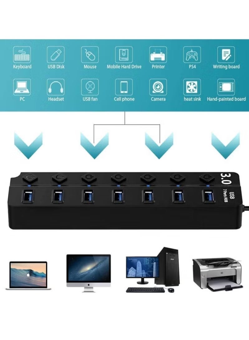 SUFADA 7-Port USB 3.0 Hub with Individual Power Switches and Lights, High-Speed Data Hub Splitter Portable USB Extension Hub for PC Laptop and More (No Power Adapter) - Image 2