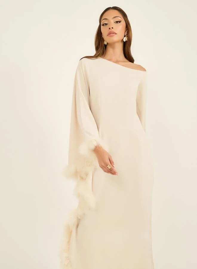 Styli Asymmetric Neck Faux Fur Trim Maxi Dress