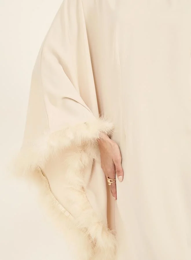 Styli Asymmetric Neck Faux Fur Trim Maxi Dress
