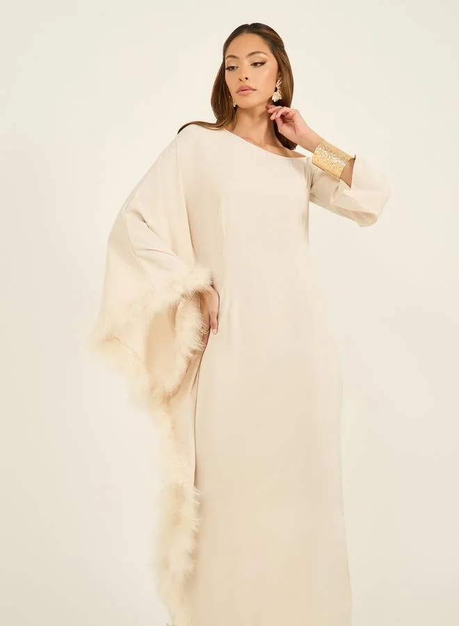 Styli Asymmetric Neck Faux Fur Trim Maxi Dress