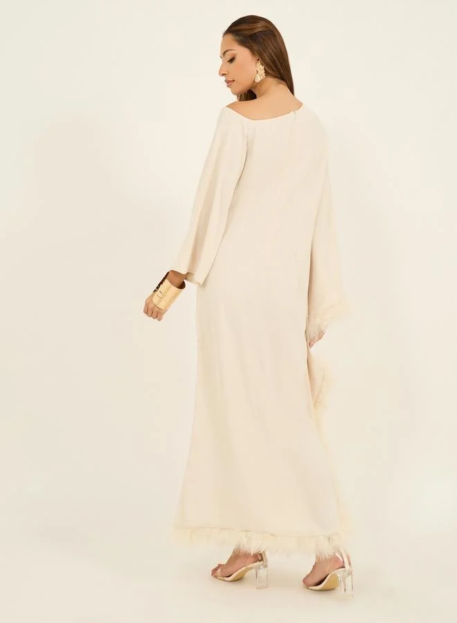 Styli Asymmetric Neck Faux Fur Trim Maxi Dress
