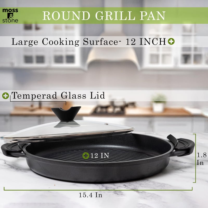 Moss & Stone 12â€ Nonstick Grill Pan for Indoor Cooking, Cast Aluminum Griddle Pan for Stove Top & Induction, Dishwasher & Oven Safe, Grill Pan with Lid, Silicone Handles, PFOA Free - Image 4