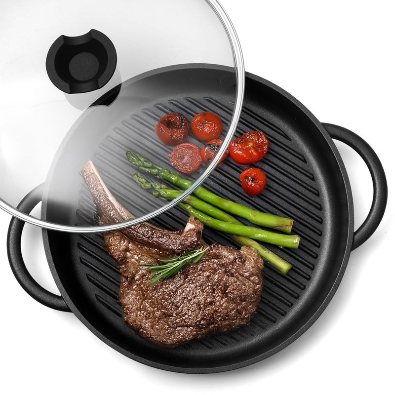 Moss & Stone 12â€ Nonstick Grill Pan for Indoor Cooking, Cast Aluminum Griddle Pan for Stove Top & Induction, Dishwasher & Oven Safe, Grill Pan with Lid, Silicone Handles, PFOA Free - Image 1