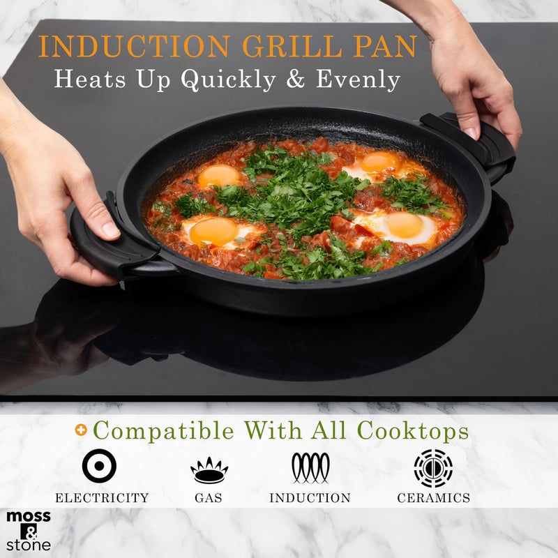 Moss & Stone 12â€ Nonstick Grill Pan for Indoor Cooking, Cast Aluminum Griddle Pan for Stove Top & Induction, Dishwasher & Oven Safe, Grill Pan with Lid, Silicone Handles, PFOA Free - Image 3