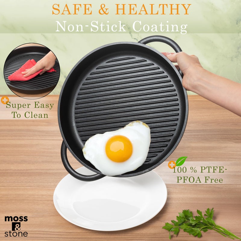 Moss & Stone 12â€ Nonstick Grill Pan for Indoor Cooking, Cast Aluminum Griddle Pan for Stove Top & Induction, Dishwasher & Oven Safe, Grill Pan with Lid, Silicone Handles, PFOA Free - Image 5