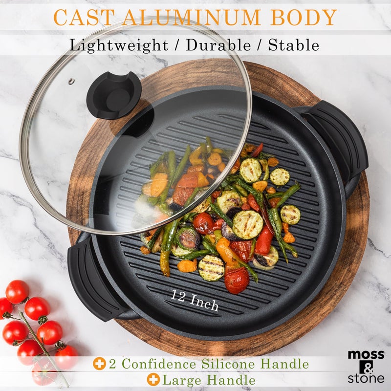 Moss & Stone 12â€ Nonstick Grill Pan for Indoor Cooking, Cast Aluminum Griddle Pan for Stove Top & Induction, Dishwasher & Oven Safe, Grill Pan with Lid, Silicone Handles, PFOA Free - Image 2