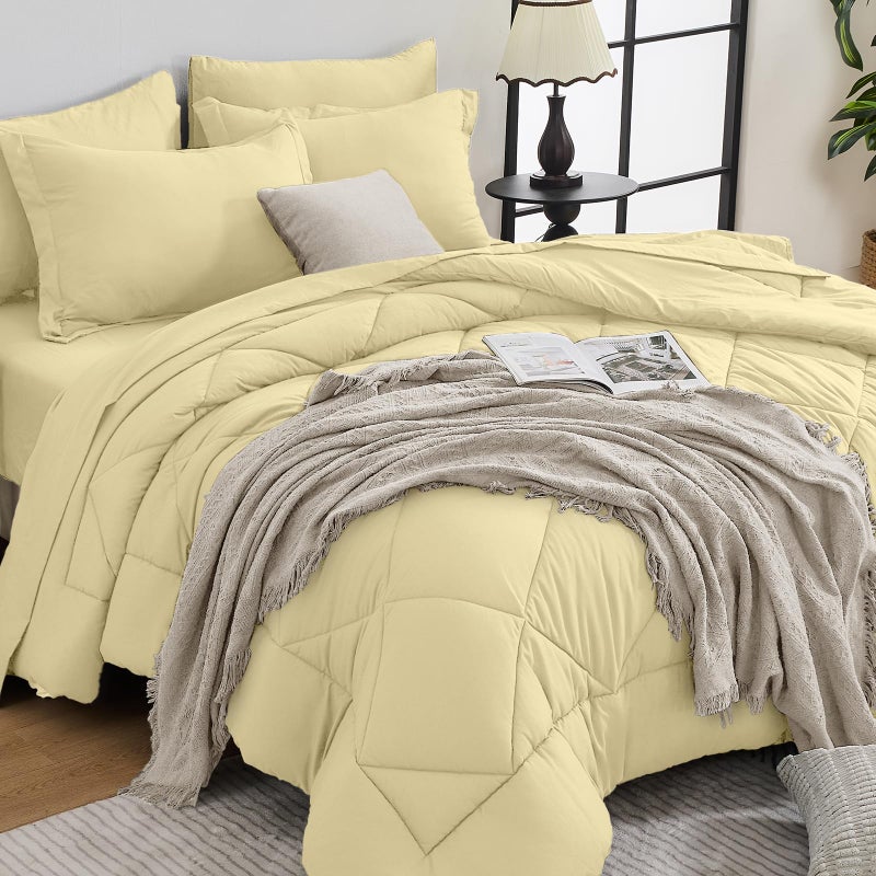 HEVUMYI Cream Yellow Queen Comforter Set  7Piece All Season Bed in a Bag Queen Ultra Soft Bedding Set with Comforter Flat Sheet Fitted Sheet Pillowcases Pillow Shams