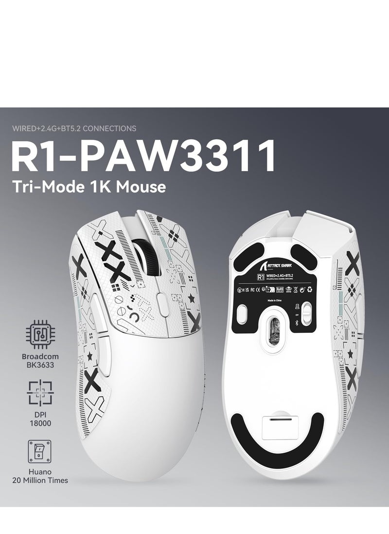 Attack Shark R1 Wireless Gaming Mouse,Tri-Mode Connection (2.4G/Wired/BT5.2),55g Lightweight,18K DPI Optical Sensor,HUYU 20 Million Key Life,Ergonomic Design,for PC/Laptop/Win/Mac(White+Sticker)  - Image 2
