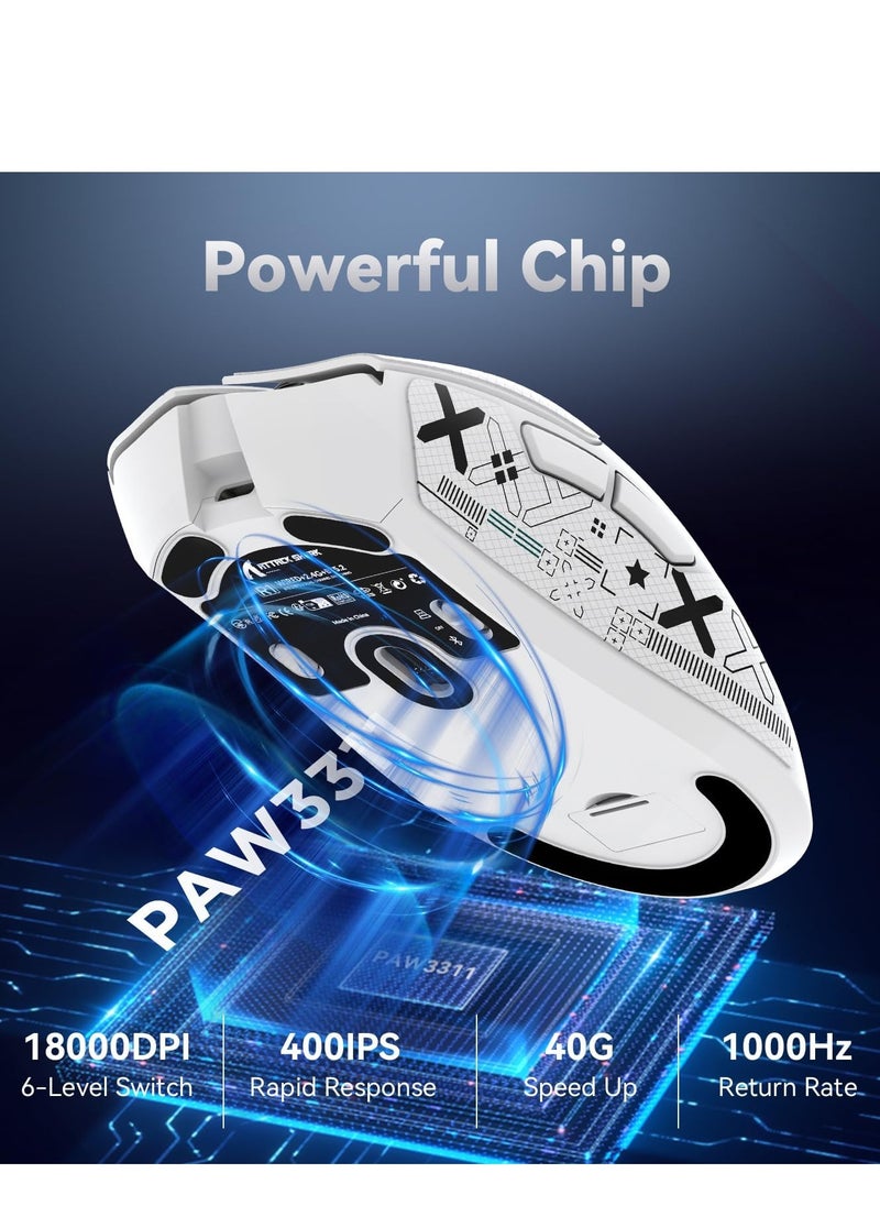 R1 Wireless Gaming Mouse,Tri-Mode Connection (2.4G/Wired/BT5.2),55g Lightweight,18K DPI Optical Sensor,HUYU 20 Million Key Life,Ergonomic Design,for PC/Laptop/Win/Mac(White+Sticker)