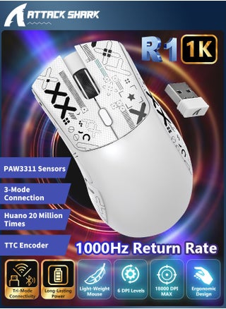 R1 Wireless Gaming Mouse,Tri-Mode Connection (2.4G/Wired/BT5.2),55g Lightweight,18K DPI Optical Sensor,HUYU 20 Million Key Life,Ergonomic Design,for PC/Laptop/Win/Mac(White+Sticker) - pzsku/ZD3F17A5D466AA2655030Z/45/1749538563/a2bf8c5f-56f7-4d62-98f7-a528e50bf2ce
