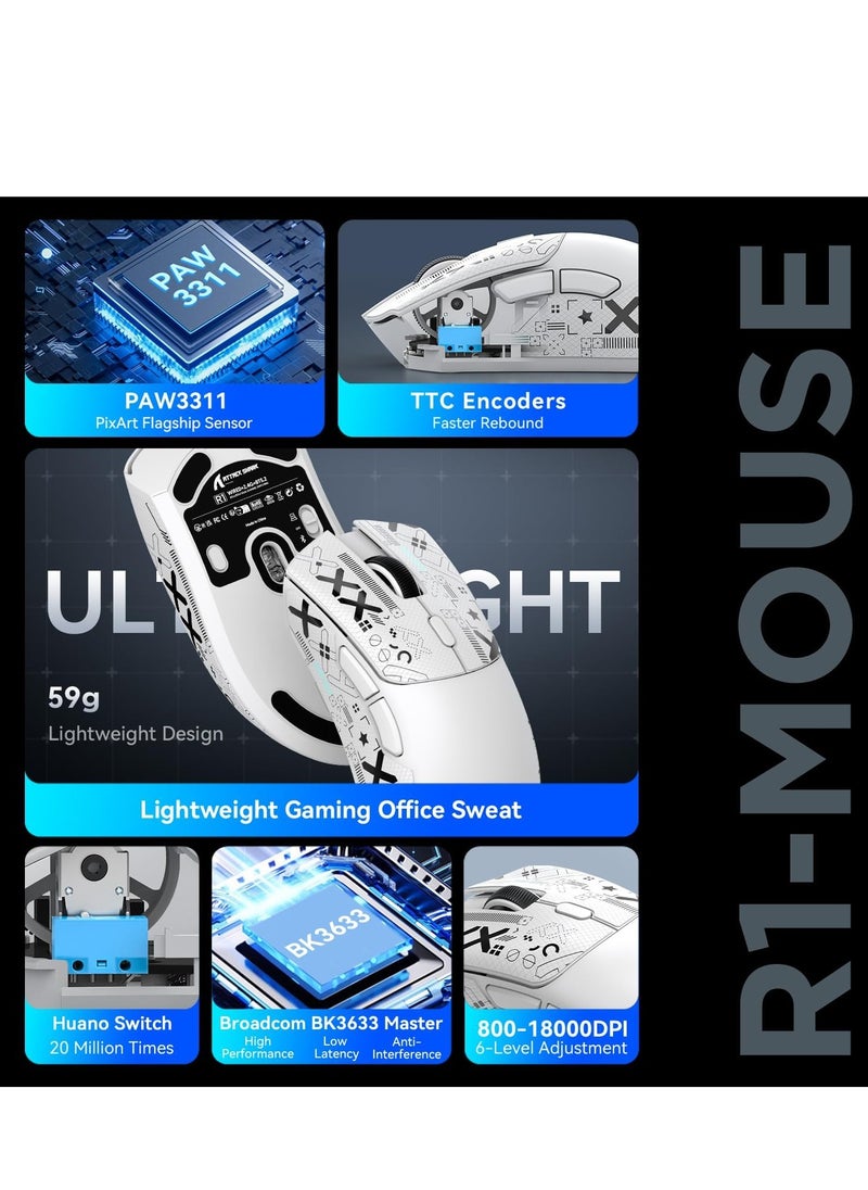 R1 Wireless Gaming Mouse,Tri-Mode Connection (2.4G/Wired/BT5.2),55g Lightweight,18K DPI Optical Sensor,HUYU 20 Million Key Life,Ergonomic Design,for PC/Laptop/Win/Mac(White+Sticker)