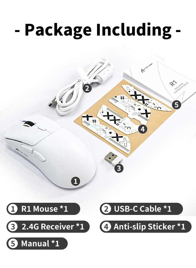 R1 Wireless Gaming Mouse,Tri-Mode Connection (2.4G/Wired/BT5.2),55g Lightweight,18K DPI Optical Sensor,HUYU 20 Million Key Life,Ergonomic Design,for PC/Laptop/Win/Mac(White+Sticker)