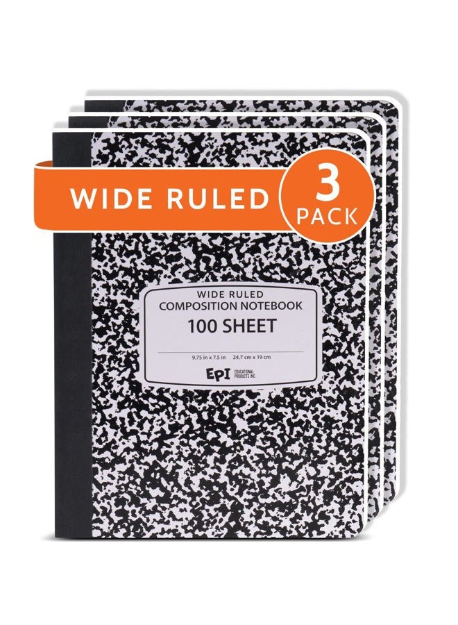 EPI Wide Ruled Black Marble Composition Notebook, 100 Sheet, 3-Pack - Image 1