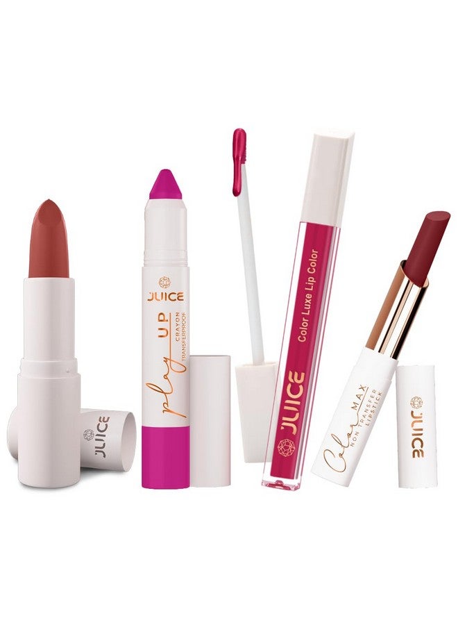Juice Long Lasting, 4pc Lipstick Combo Set For Women(Balmy Brown-M19 Bullet Lipstick, Endless Petal-MCR07 Play up Lip Crayon, Juicy Plum-M05 Liquid Lipstick, Firecracker-M06 Slim Stick) - Image 1