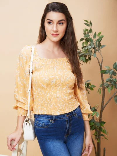 globus Women Floral Printed Smocked Fitted Top