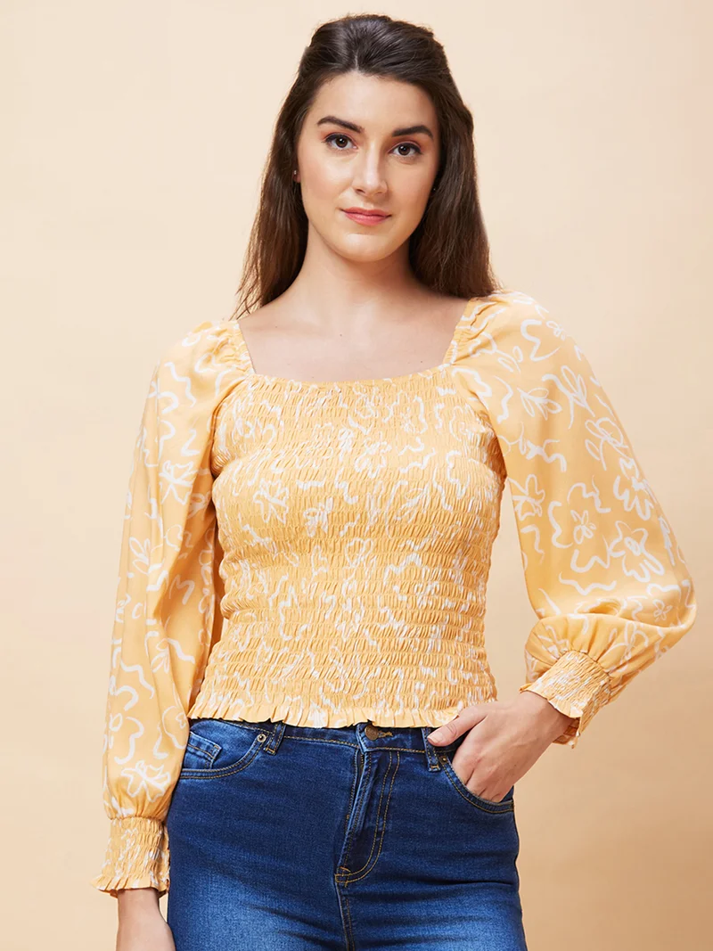 globus Women Floral Printed Smocked Fitted Top