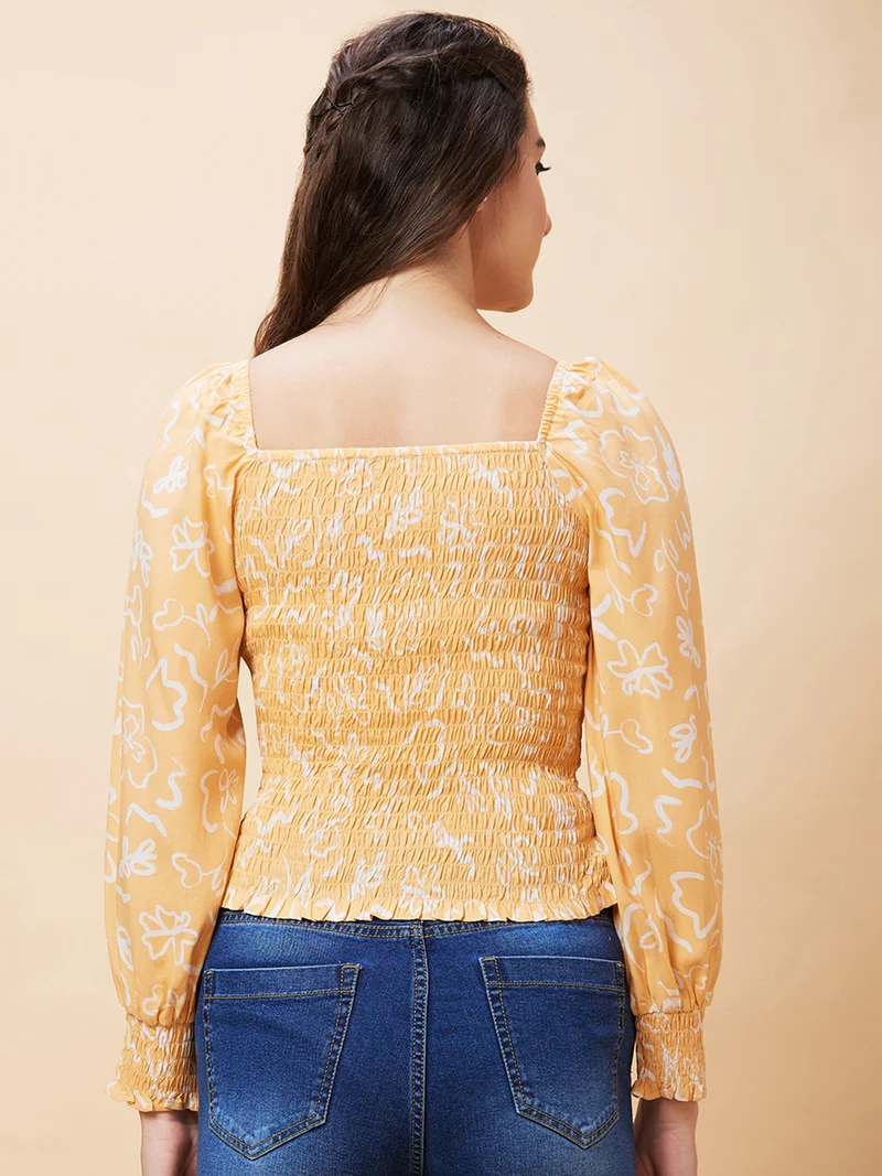 globus Women Floral Printed Smocked Fitted Top