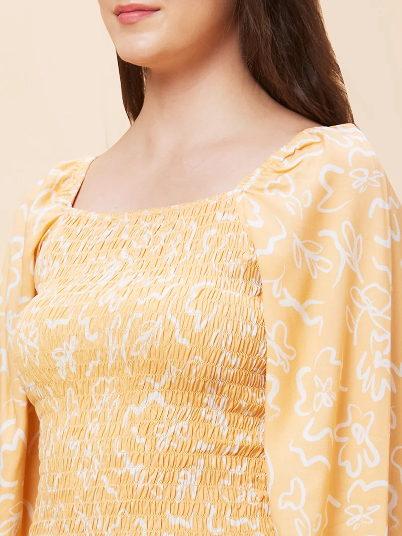 globus Women Floral Printed Smocked Fitted Top