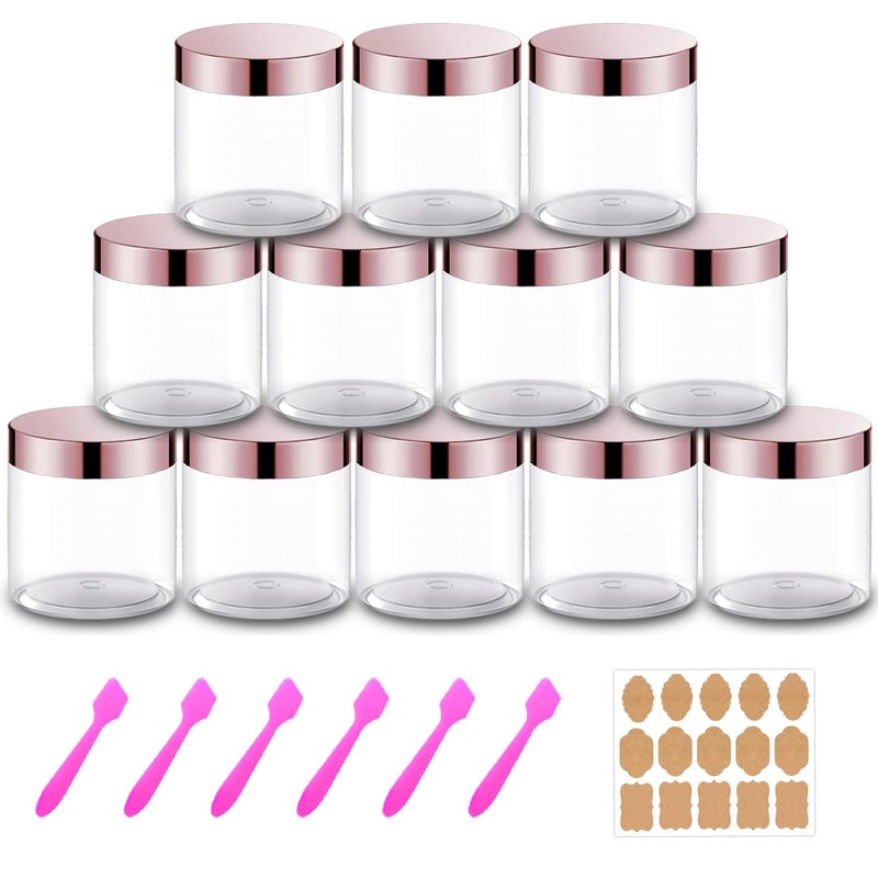 AMORIX 12 Pack 8 oz Plastic Cosmetic Containers With Rose Gold Lids Refillable Clear Empty Travle Jars Containers for Body Butter,Sugar Scrubs,Cream,Lotions,Candy, Label&Spatulas - Image 1