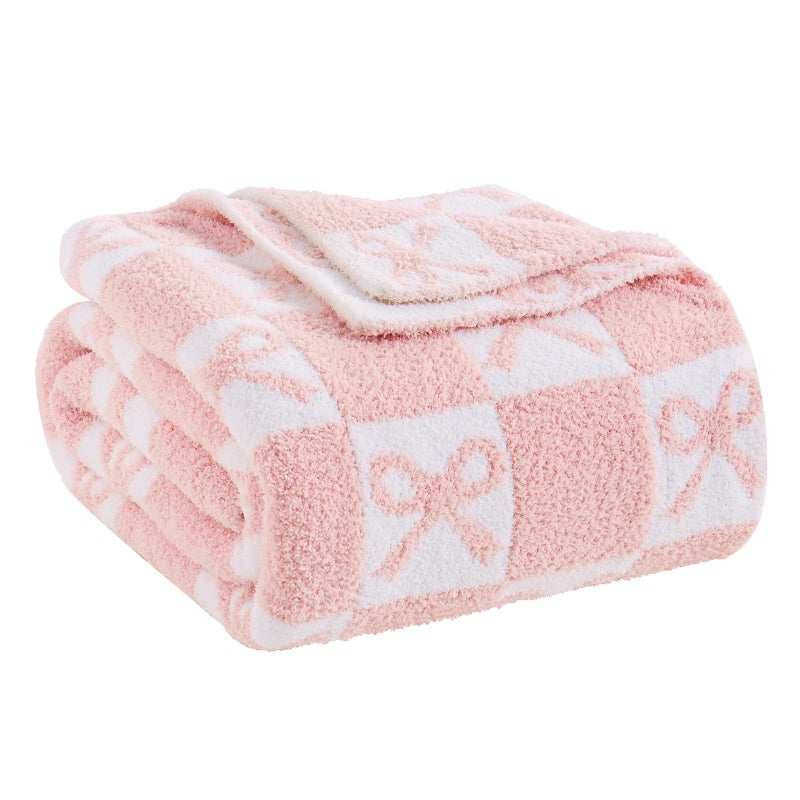 YIRUIO Pink Checkered Knit Throw Blanket with Bow Pattern for Women Daughter 50x60 Ultra Soft Microfiber Reversible,Fluffy Fuzzy Cozy Throw for Bed, Sofa & Couch Home Decor - Image 1