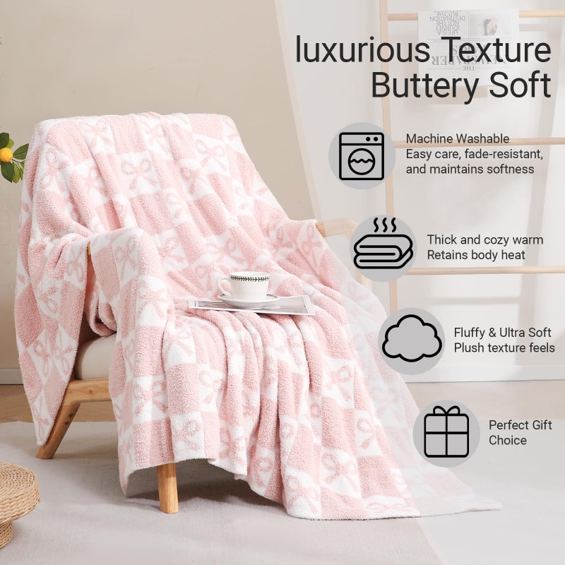 YIRUIO Pink Checkered Knit Throw Blanket with Bow Pattern for Women Daughter 50x60 Ultra Soft Microfiber Reversible,Fluffy Fuzzy Cozy Throw for Bed, Sofa & Couch Home Decor - Image 4