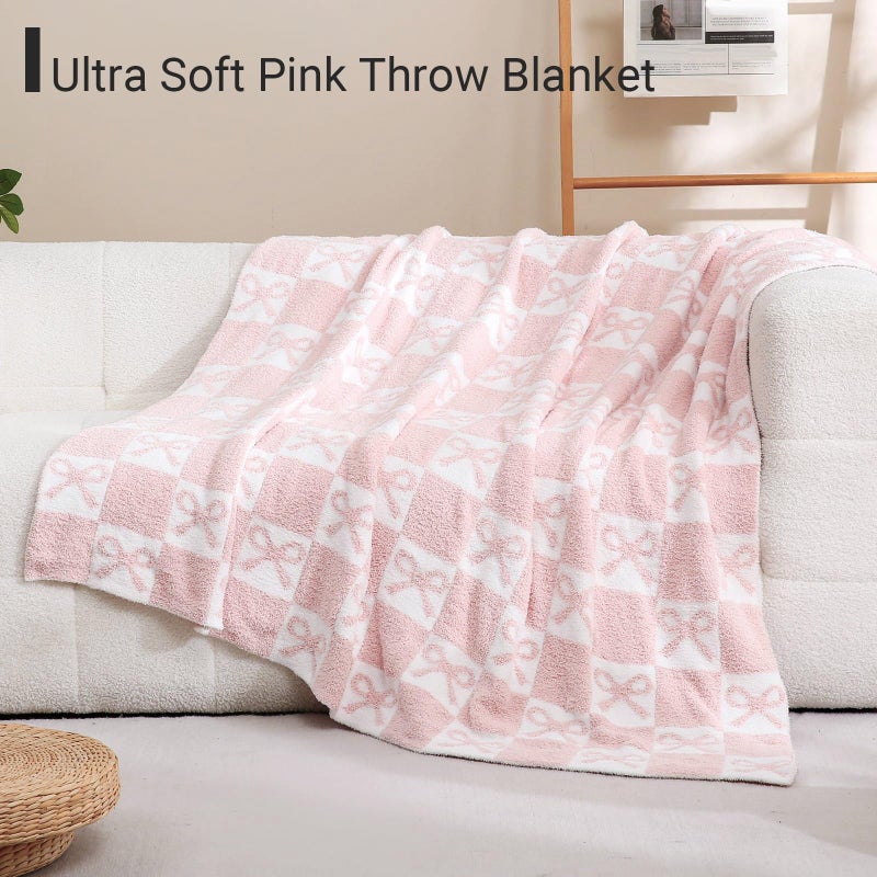 YIRUIO Pink Checkered Knit Throw Blanket with Bow Pattern for Women Daughter 50x60 Ultra Soft Microfiber Reversible,Fluffy Fuzzy Cozy Throw for Bed, Sofa & Couch Home Decor - Image 2