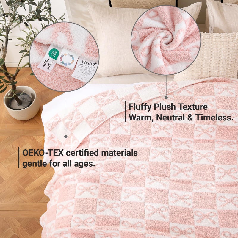 YIRUIO Pink Checkered Knit Throw Blanket with Bow Pattern for Women Daughter 50x60 Ultra Soft Microfiber Reversible,Fluffy Fuzzy Cozy Throw for Bed, Sofa & Couch Home Decor - Image 5