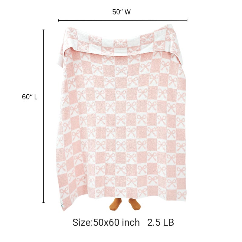 YIRUIO Pink Checkered Knit Throw Blanket with Bow Pattern for Women Daughter 50x60 Ultra Soft Microfiber Reversible,Fluffy Fuzzy Cozy Throw for Bed, Sofa & Couch Home Decor - Image 3