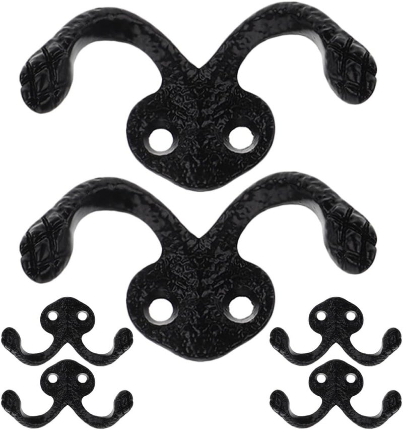 6pcs Black Zinc Alloy Double Hooks Wall Mounted Metal Bathroom Towel and Robe Hangers Heavy Duty Coat Hooks for Door and Wall Storage - Image 1