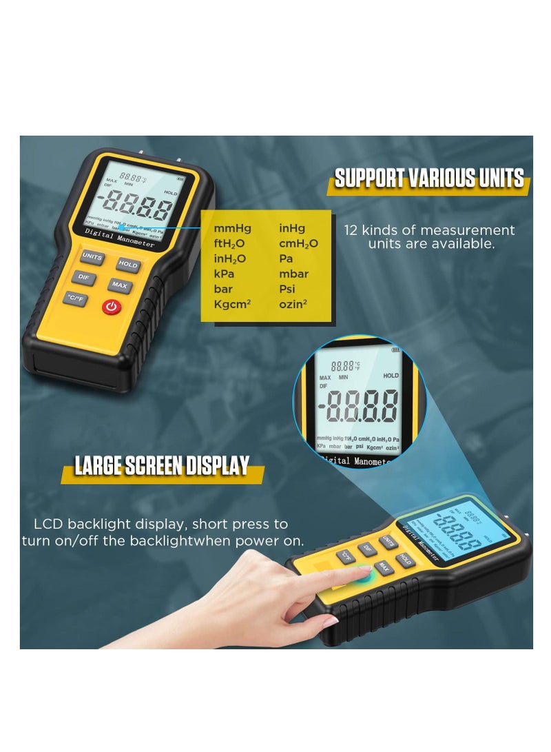 SYOSI Manometer Professional Digital Display Manometer Gas Pressure Tester Handheld Hvac Dual Port Manometer 12 Selectable Units Differential Pressure Gauge, ±20.68kpa - Image 4