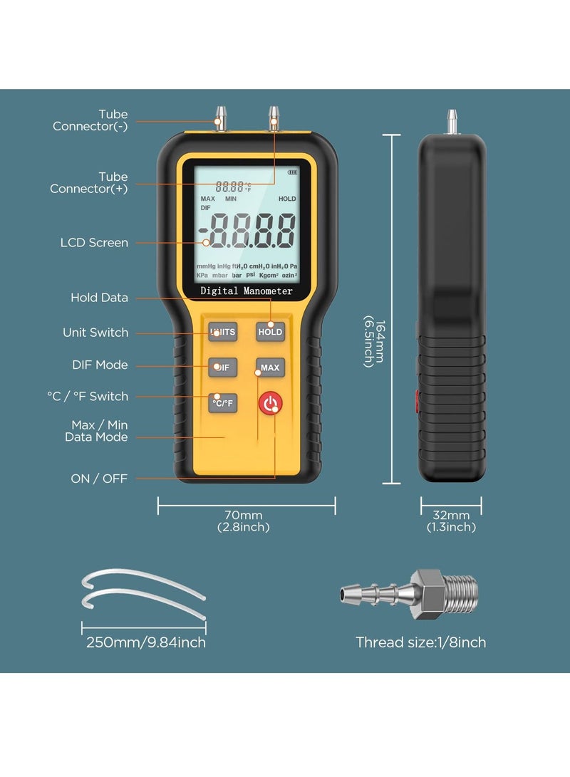 SYOSI Manometer Professional Digital Display Manometer Gas Pressure Tester Handheld Hvac Dual Port Manometer 12 Selectable Units Differential Pressure Gauge, ±20.68kpa - Image 5