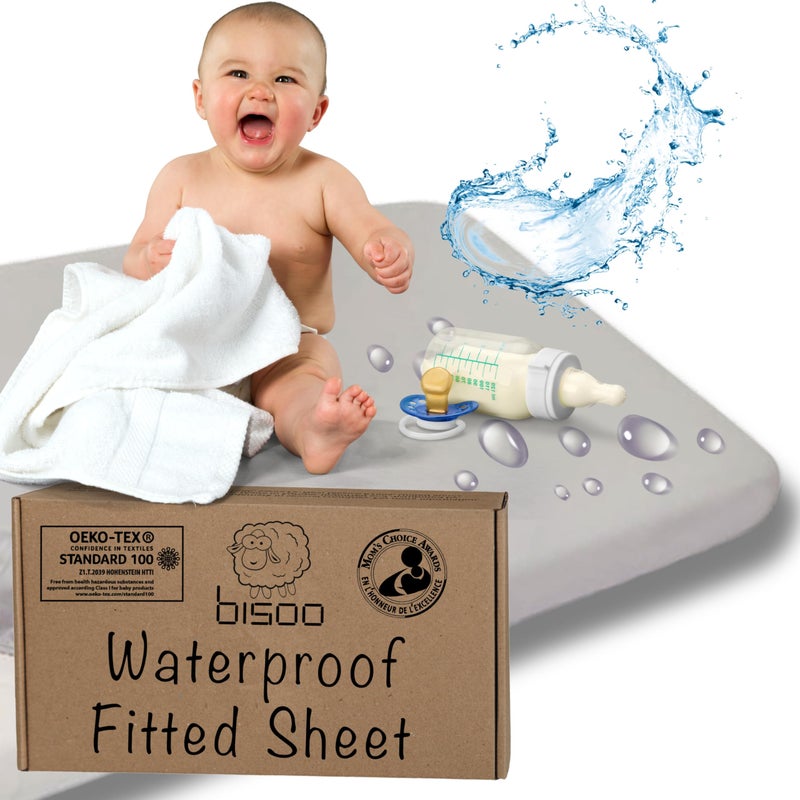Bisoo Next to Me Crib Sheets Waterproof 2in1 - Fitted Sheet 100% Jersey Oeko-Tex + Nexttome Protector - 20x33 in / 50x80-50x83 cm Compatible Bedside Cradles Chicco Kinderkraft - Soft & Silent (Gray) - Image 1